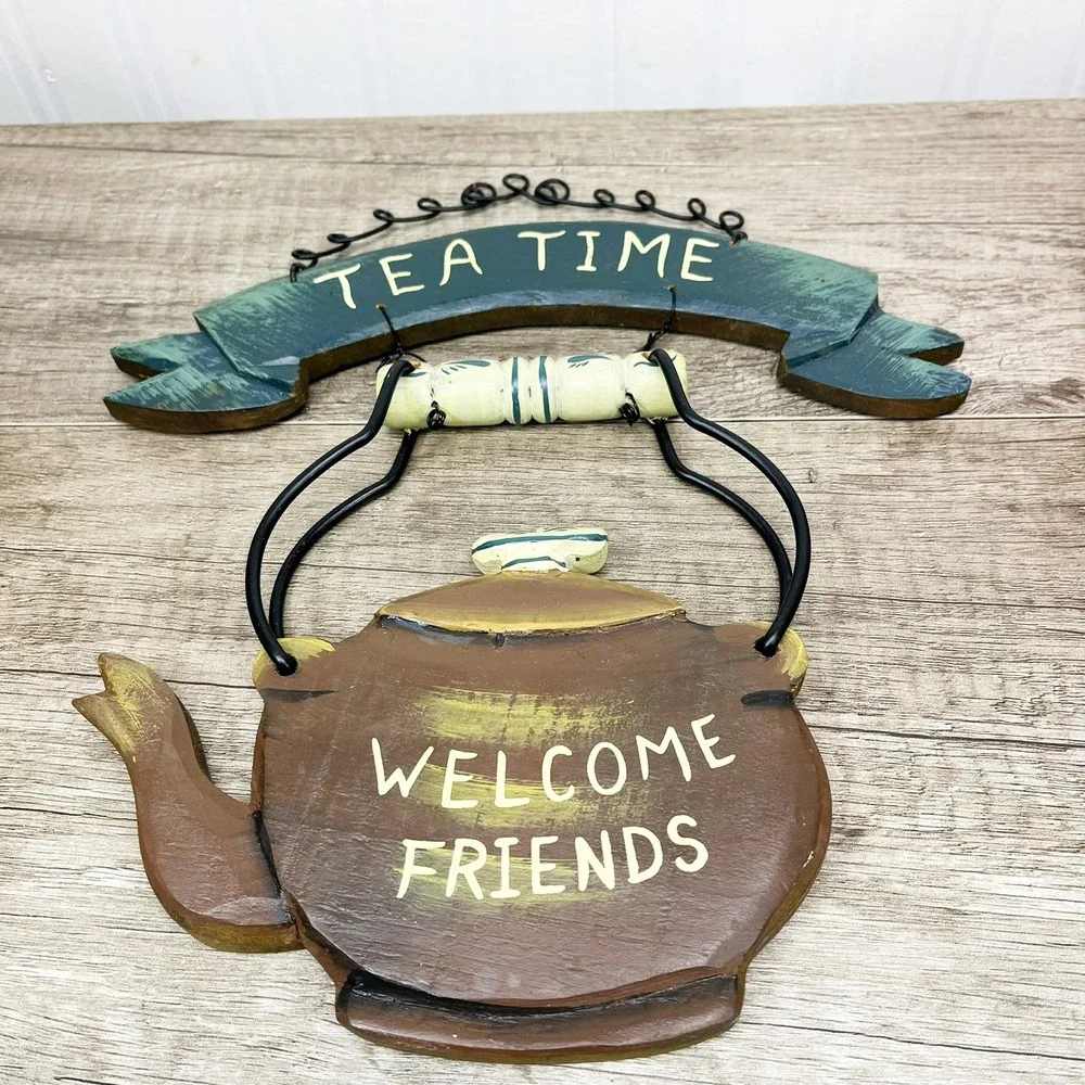Vintage Rustic Wood Tea Time Welcome Friends Teapot Wall Hanging Kitchen Decor